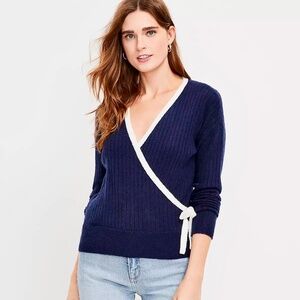 LOFT Large Ribbed Wrap Sweater Tie Waist Navy Blue Contrast Trim